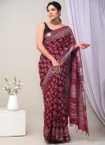 Linen Maroon Casual Wear Printed Saree